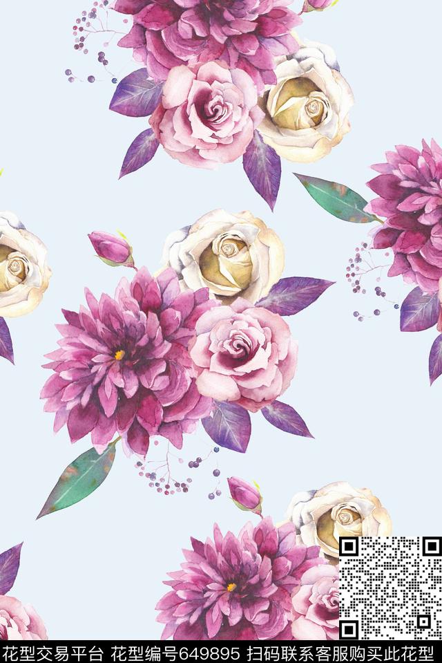 大朵手绘花卉数码印花华亿平台下载（图片编号: 649895） - 瓦栏（Walan）