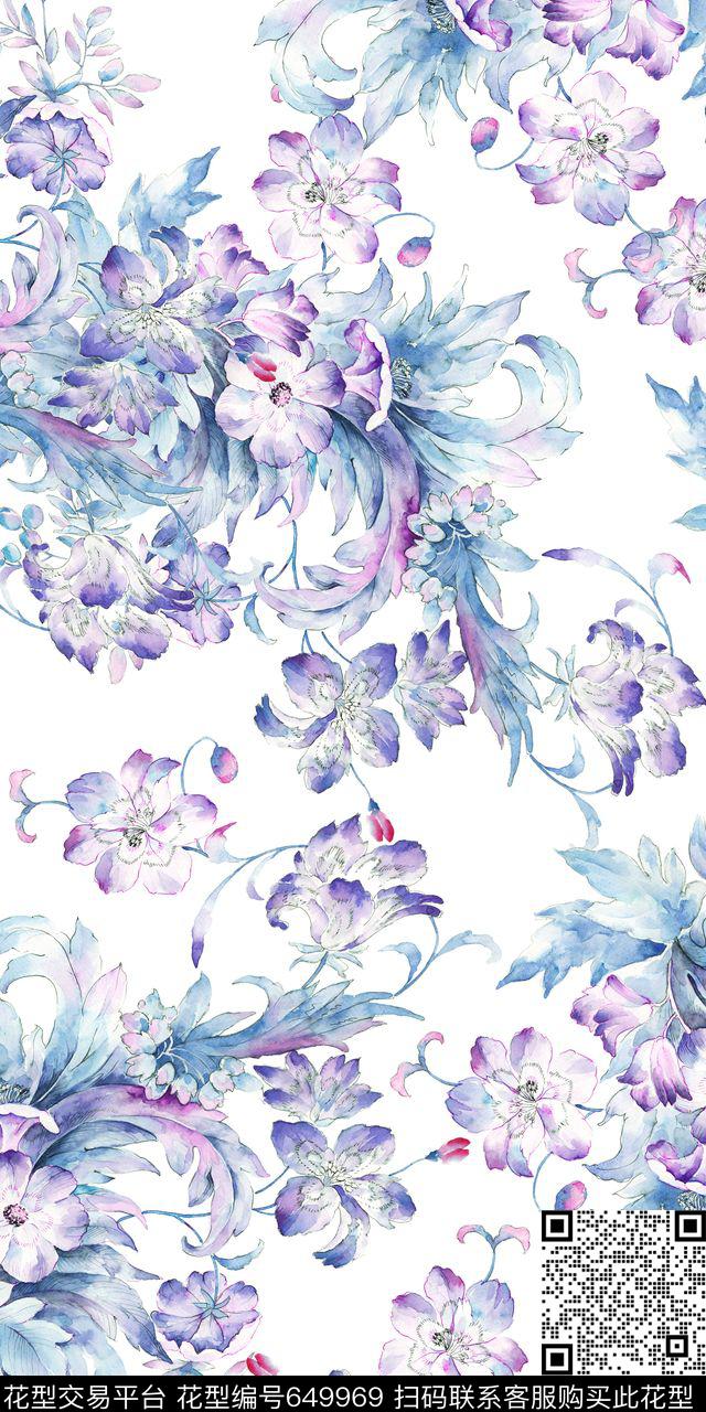 手绘清爽素雅女装花卉数码印花华亿平台下载（图片编号: 649969） - 瓦栏（Walan）