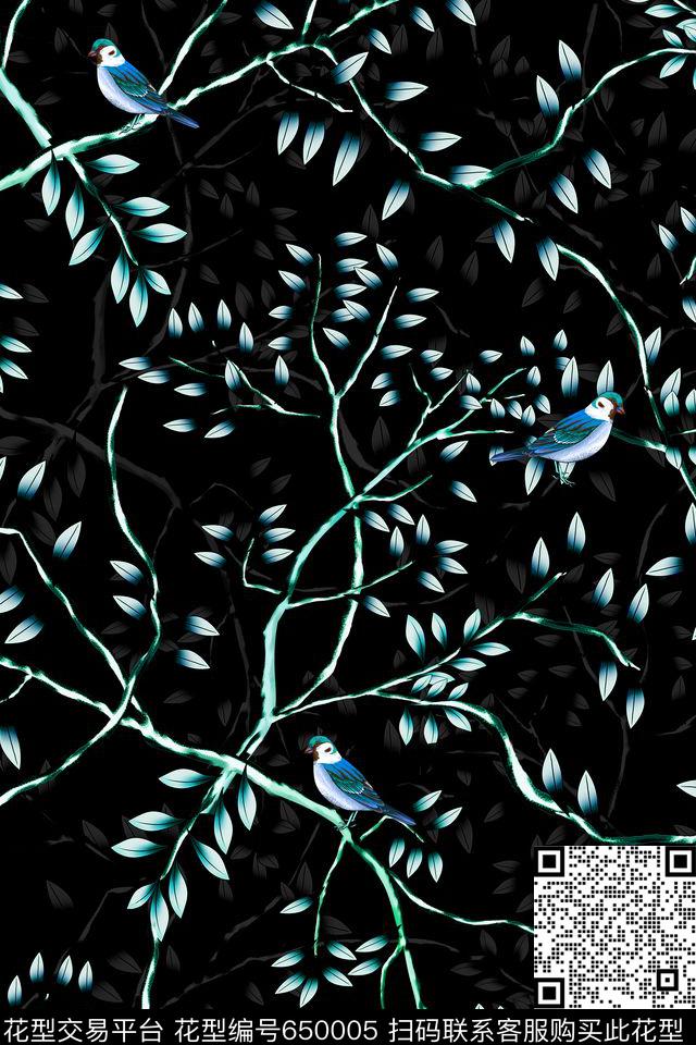 树枝鸟树叶数码印花华亿平台下载（图片编号: 650005） - 瓦栏（Walan）