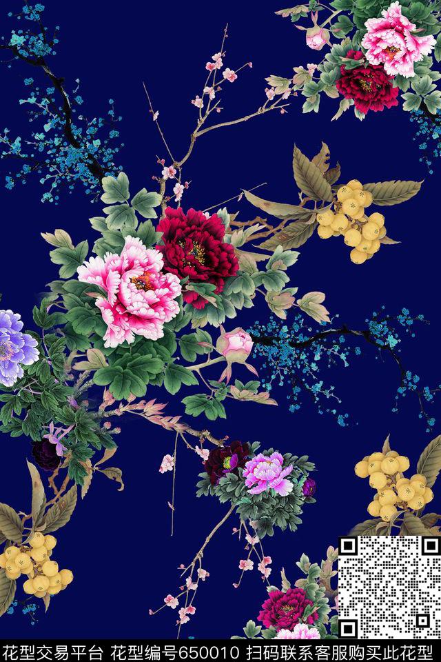 中国风花卉牡丹樱花数码印花华亿平台下载（图片编号: 650010） - 瓦栏（Walan）