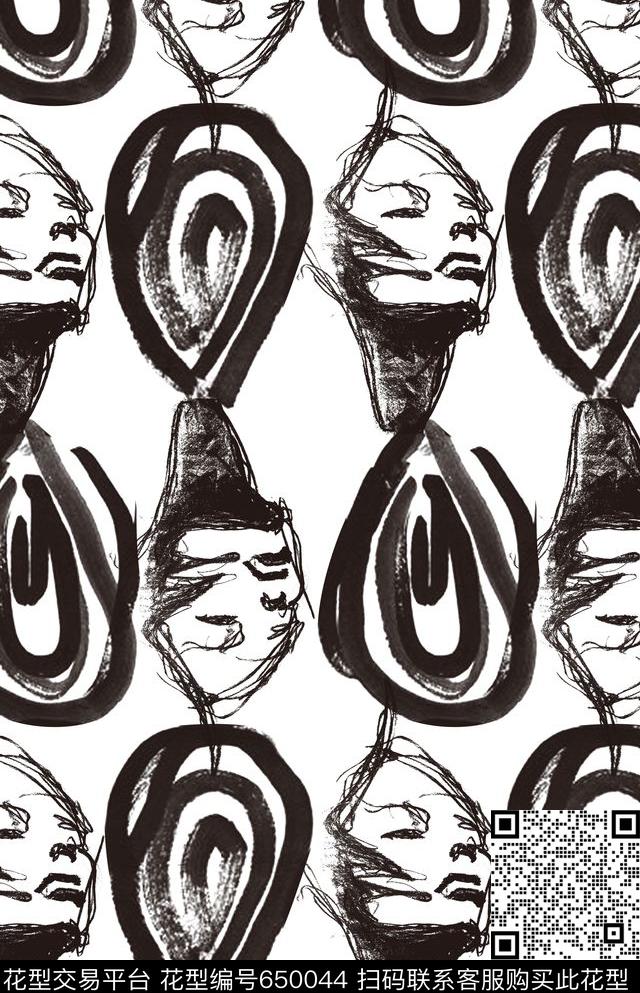 人物素描水墨传统印花华亿平台下载（图片编号: 650044） - 瓦栏（Walan）