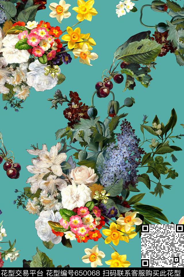 时尚手绘花卉数码印花华亿平台下载（图片编号: 650068） - 瓦栏（Walan）
