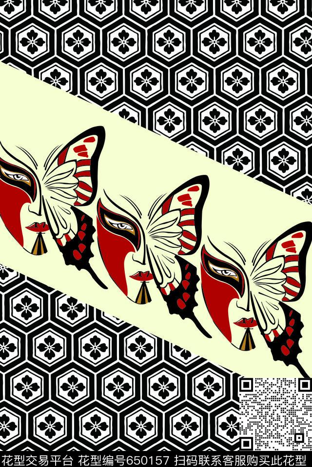 脸谱中国风马赛克传统印花华亿平台下载（图片编号: 650157） - 瓦栏（Walan）
