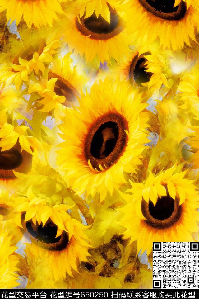 田园风向日葵花朵数码印花华亿平台下载（图片编号: 650250） - 瓦栏（Walan）