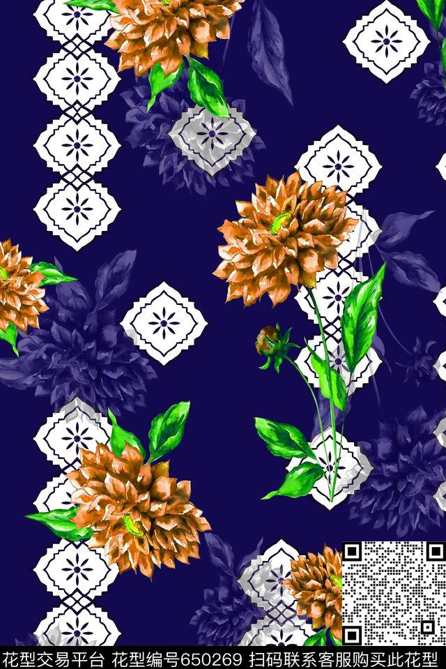 抽象手绘满版民族风花卉最新高清数码中国风数码印花华亿平台下载（图片编号: 650269） - 瓦栏（Walan）