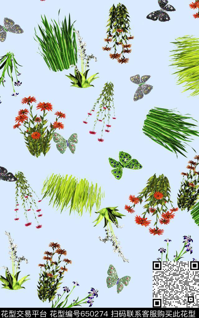 花朵蝴蝶烫金数码印花华亿平台下载（图片编号: 650274） - 瓦栏（Walan）