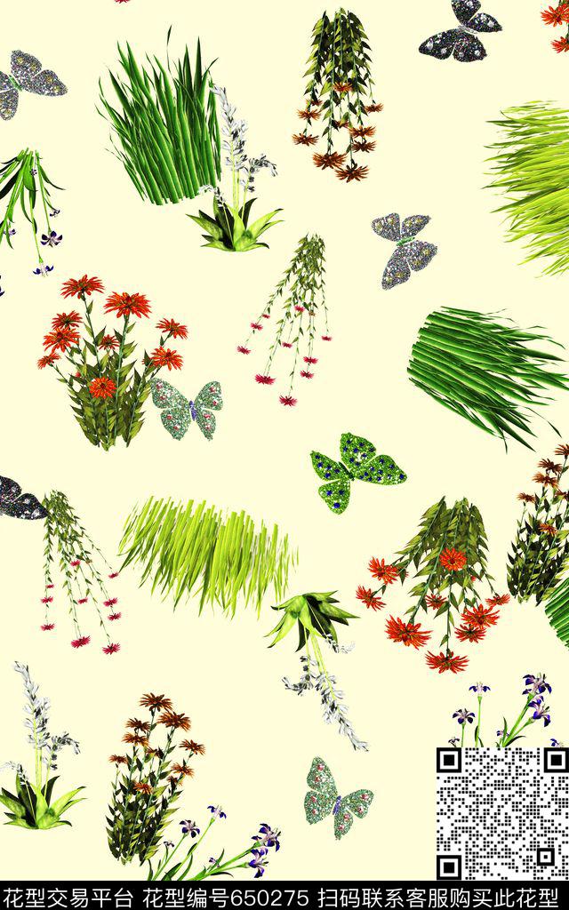 花朵蝴蝶烫金数码印花华亿平台下载（图片编号: 650275） - 瓦栏（Walan）