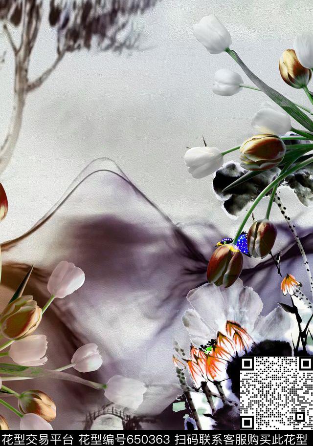 时尚旗袍花郁金香数码印花华亿平台下载（图片编号: 650363） - 瓦栏（Walan）