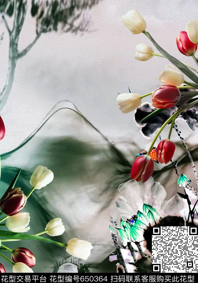 时尚旗袍花郁金香数码印花华亿平台下载（图片编号: 650364） - 瓦栏（Walan）
