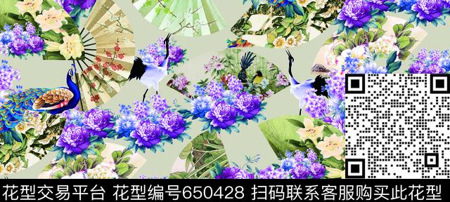 复古花朵花扇子数码印花华亿平台下载（图片编号: 650428） - 瓦栏（Walan）