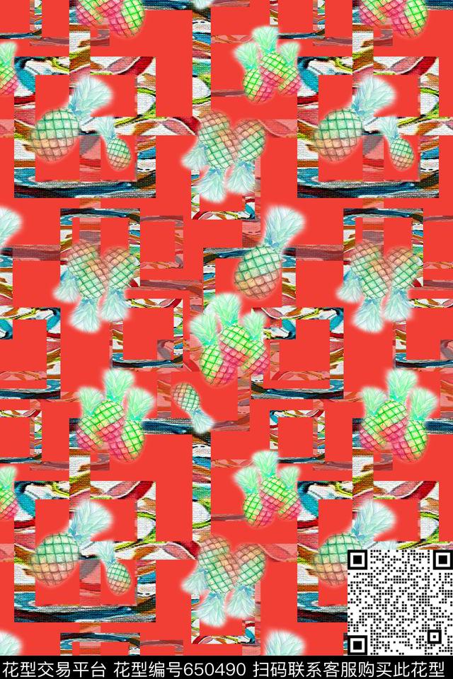 热带海滨度假几何图案菠萝数码印花华亿平台下载（图片编号: 650490） - 瓦栏（Walan）