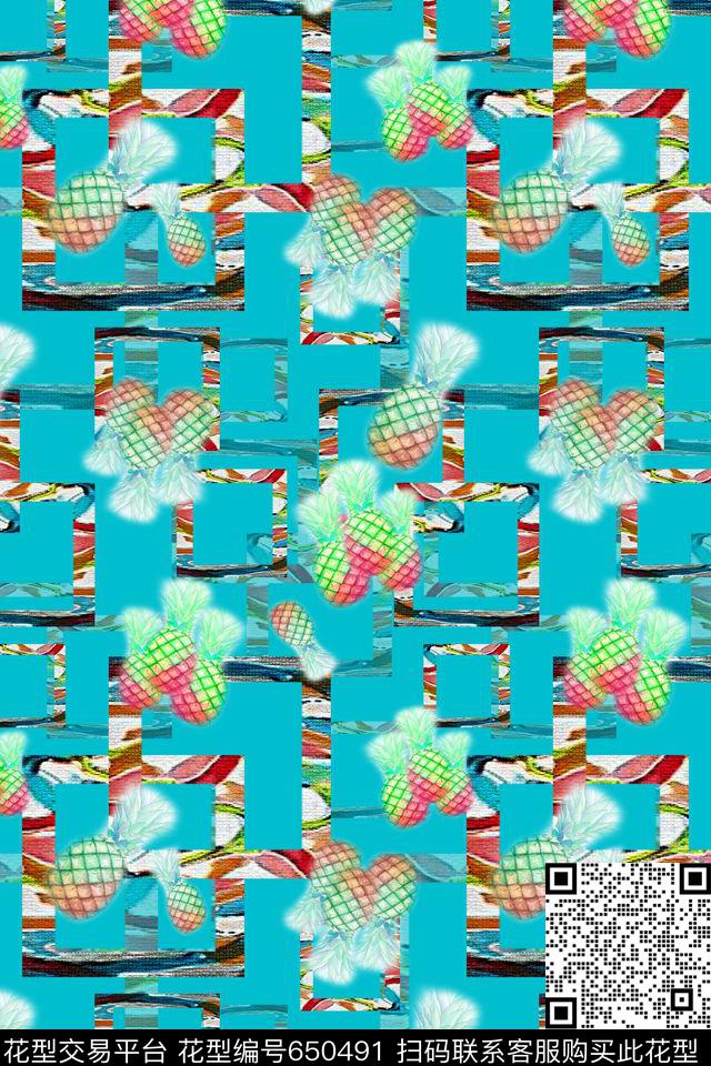 热带海滨度假几何图案菠萝数码印花华亿平台下载（图片编号: 650491） - 瓦栏（Walan）