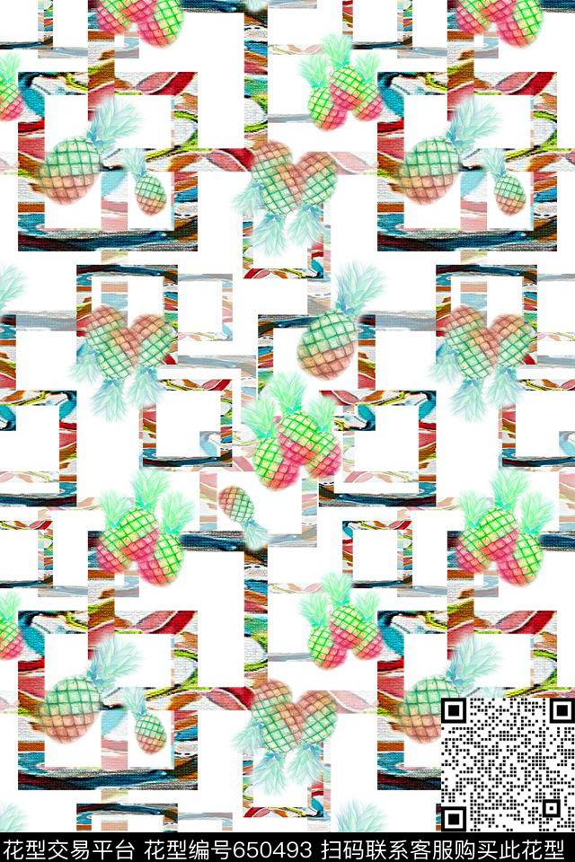 热带海滨度假几何图案菠萝数码印花华亿平台下载（图片编号: 650493） - 瓦栏（Walan）