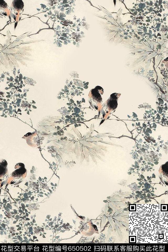 鸟水墨花鸟数码印花华亿平台下载（图片编号: 650502） - 瓦栏（Walan）