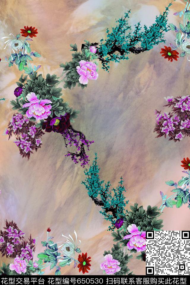 小花中国风牡丹数码印花华亿平台下载（图片编号: 650530） - 瓦栏（Walan）