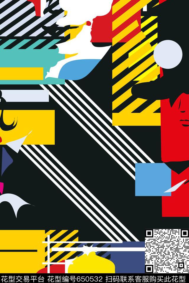 几何条纹抽象人物趣味卡通数码印花华亿平台下载（图片编号: 650532） - 瓦栏（Walan）