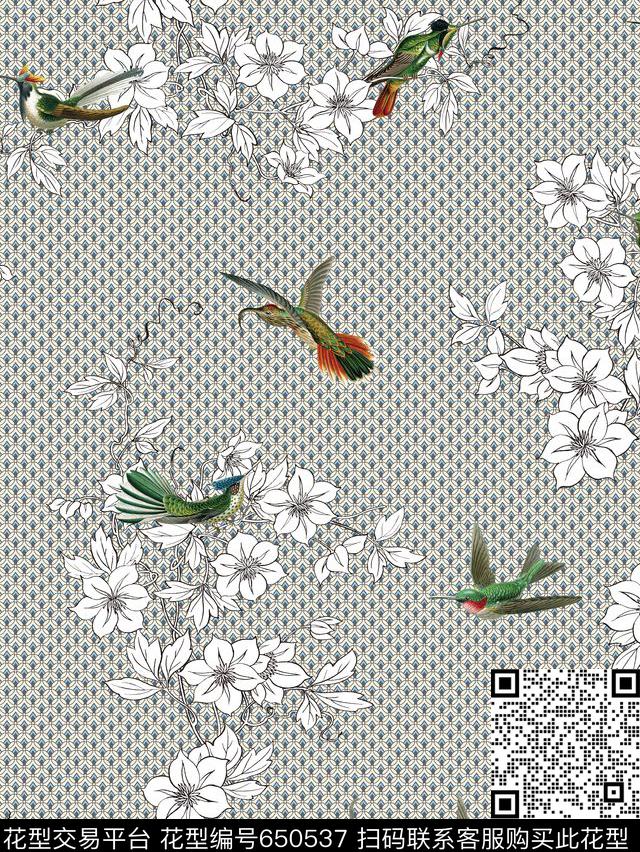 鸟花藤蜂鸟数码印花华亿平台下载（图片编号: 650537） - 瓦栏（Walan）