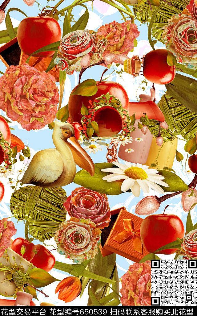 花朵苹果鹈鹕数码印花华亿平台下载（图片编号: 650539） - 瓦栏（Walan）