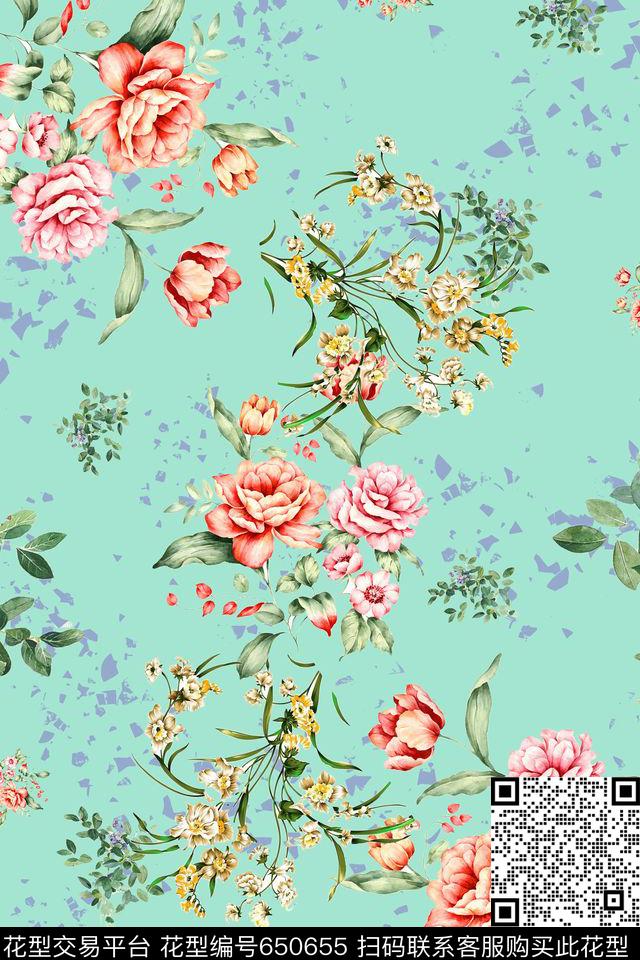 笔触浪漫小清新花卉手绘花朵数码印花华亿平台下载（图片编号: 650655） - 瓦栏（Walan）