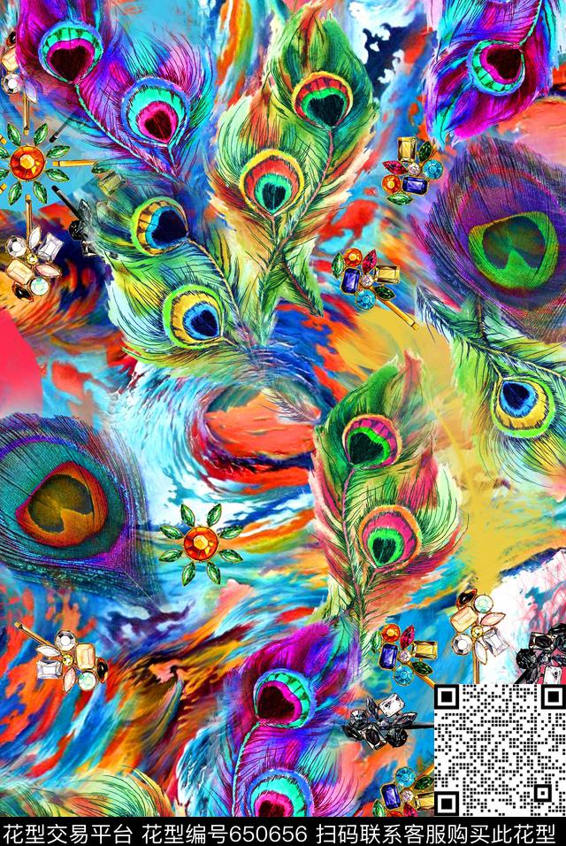 孔雀羽毛羽毛抽象数码印花华亿平台下载（图片编号: 650656） - 瓦栏（Walan）