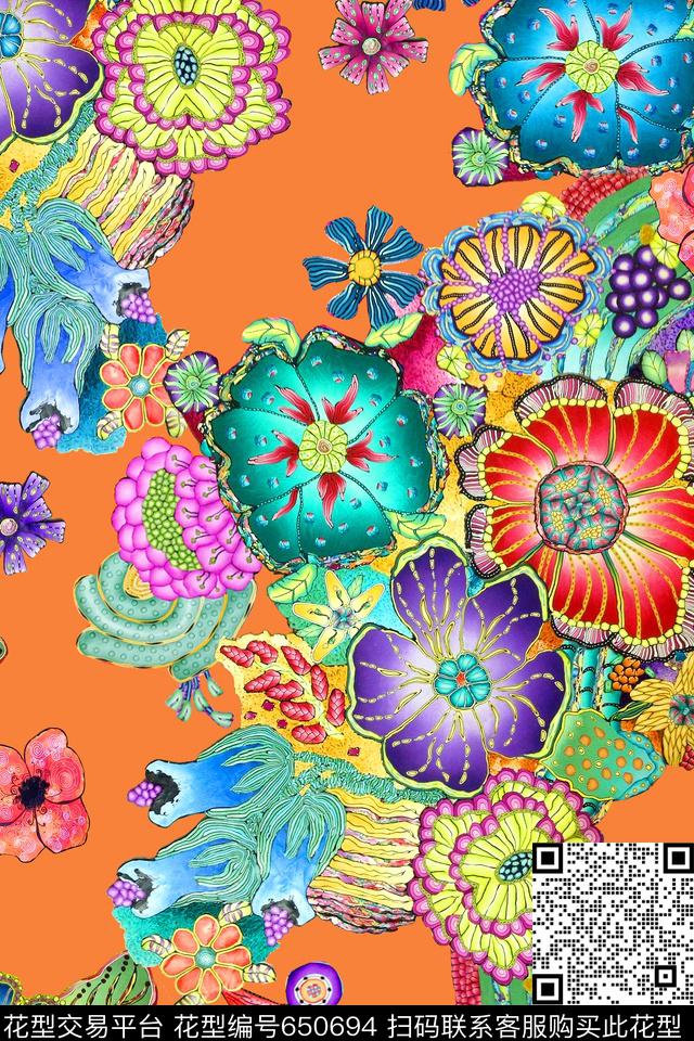 插画花卉线描数码印花华亿平台下载（图片编号: 650694） - 瓦栏（Walan）