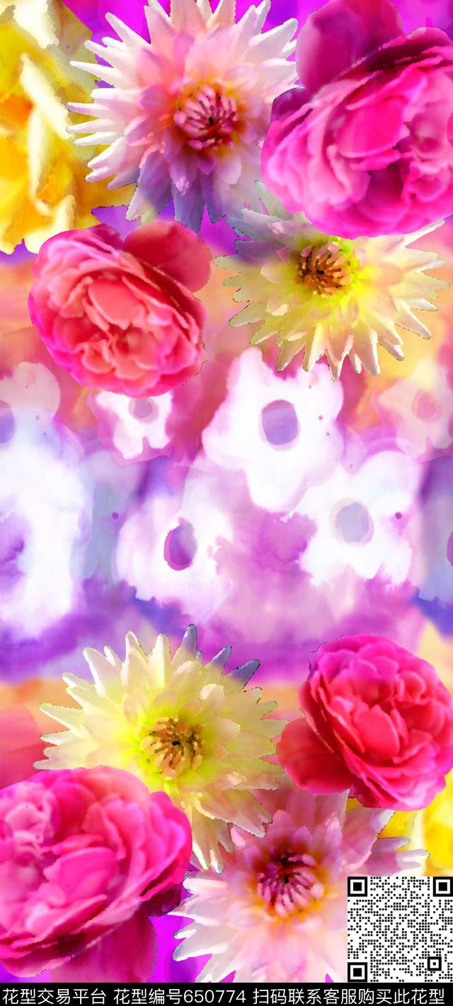 丝巾花卉晕染数码印花华亿平台下载（图片编号: 650774） - 瓦栏（Walan）