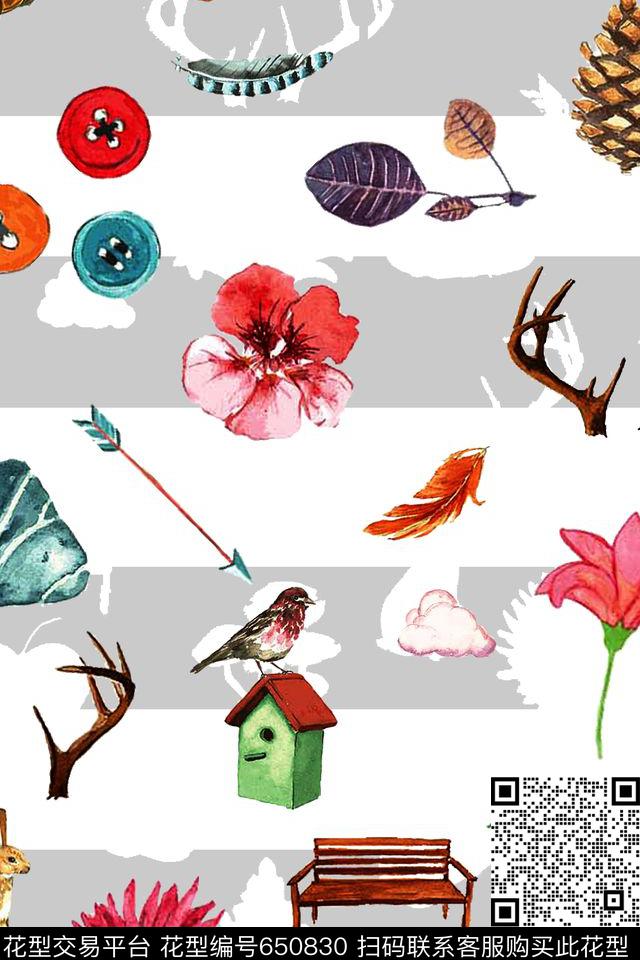 水彩花卉鸟兔子扣子羽毛数码印花华亿平台下载（图片编号: 650830） - 瓦栏（Walan）