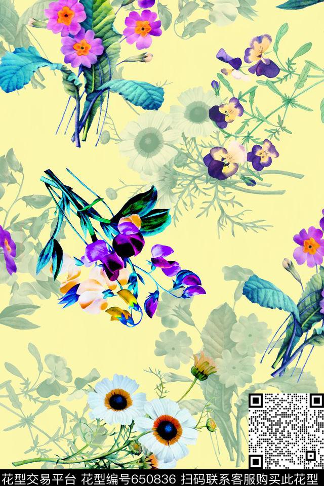水彩浪漫花卉数码印花华亿平台下载（图片编号: 650836） - 瓦栏（Walan）