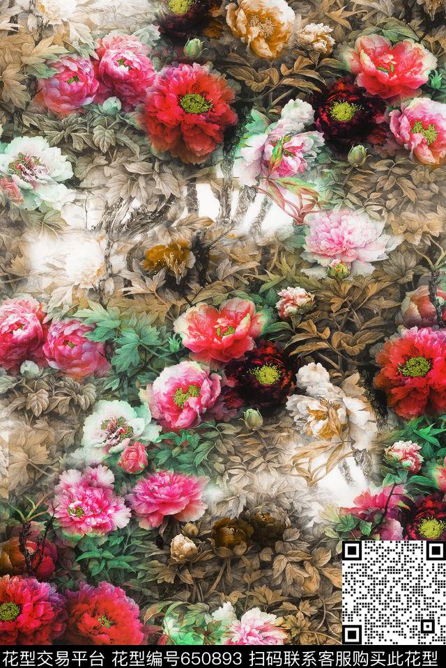 牡丹花朵花卉数码印花华亿平台下载（图片编号: 650893） - 瓦栏（Walan）