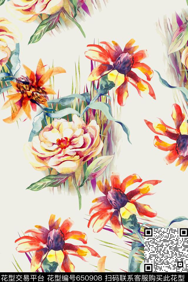 热带花卉手绘数码印花华亿平台下载（图片编号: 650908） - 瓦栏（Walan）