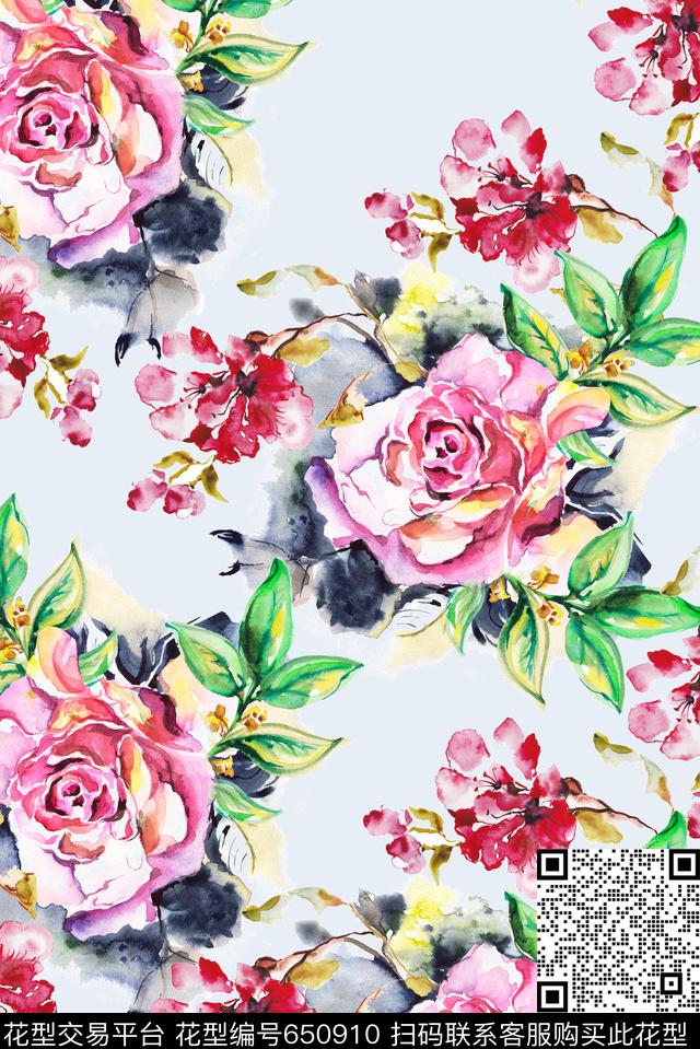 大朵水墨手绘数码印花华亿平台下载（图片编号: 650910） - 瓦栏（Walan）