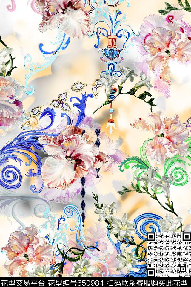 旗袍中老年女装油画机理底纹数码印花华亿平台下载（图片编号: 650984） - 瓦栏（Walan）