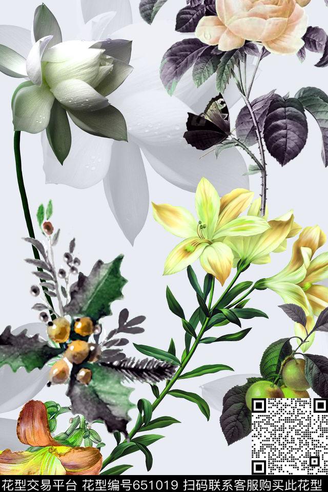 时尚百合玫瑰数码印花华亿平台下载（图片编号: 651019） - 瓦栏（Walan）