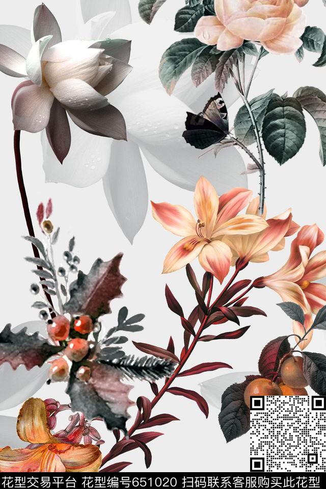 时尚百合玫瑰数码印花华亿平台下载（图片编号: 651020） - 瓦栏（Walan）
