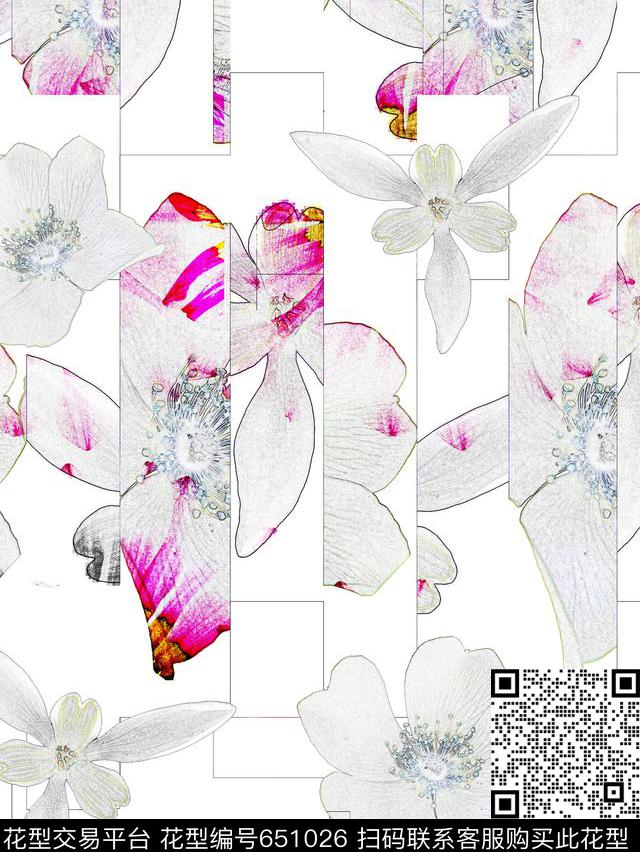 花卉中国风线条数码印花华亿平台下载（图片编号: 651026） - 瓦栏（Walan）