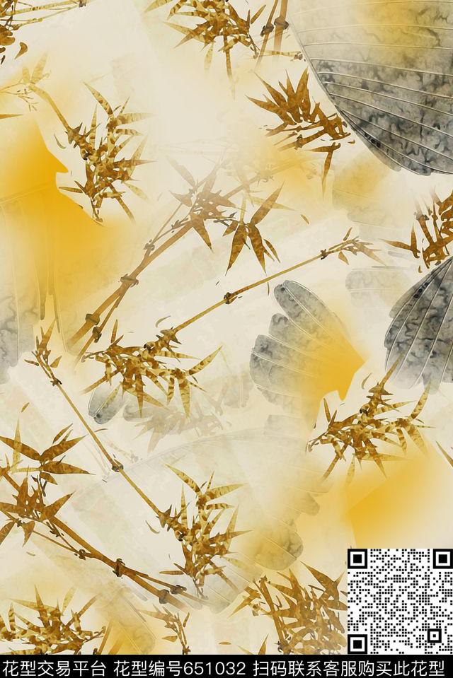 竹叶中国风动感手绘中国风数码印花华亿平台下载（图片编号: 651032） - 瓦栏（Walan）