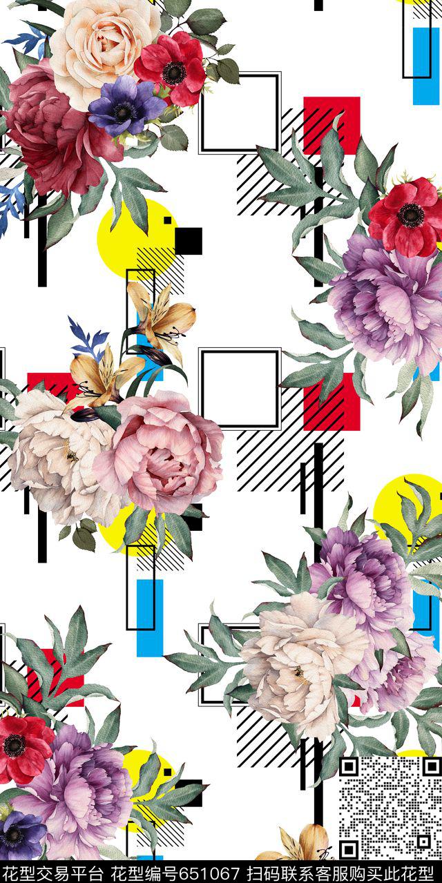 花朵花卉几何数码印花华亿平台下载（图片编号: 651067） - 瓦栏（Walan）