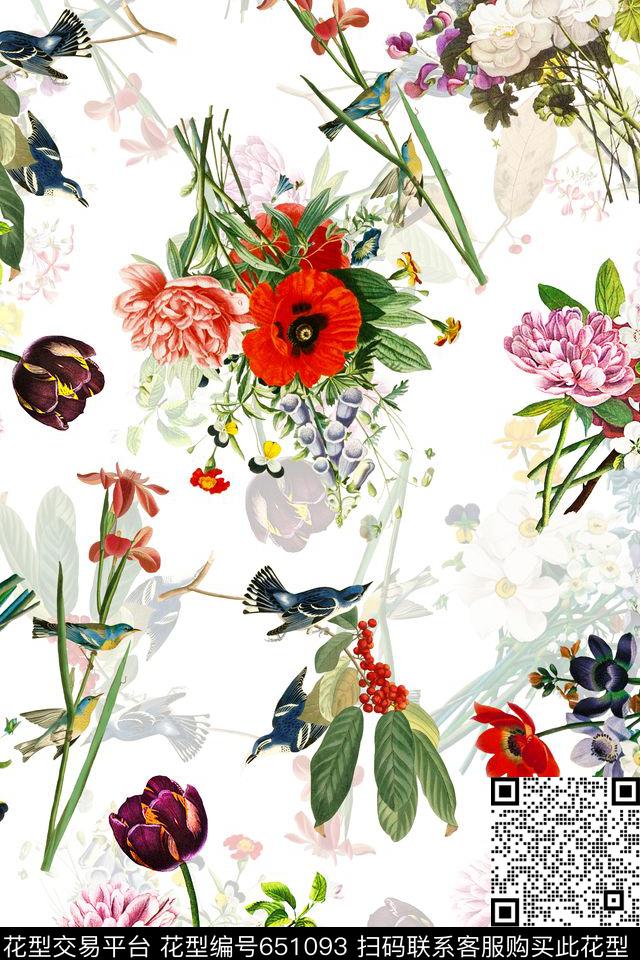 花束彩色花朵花卉组合花鸟数码印花华亿平台下载（图片编号: 651093） - 瓦栏（Walan）