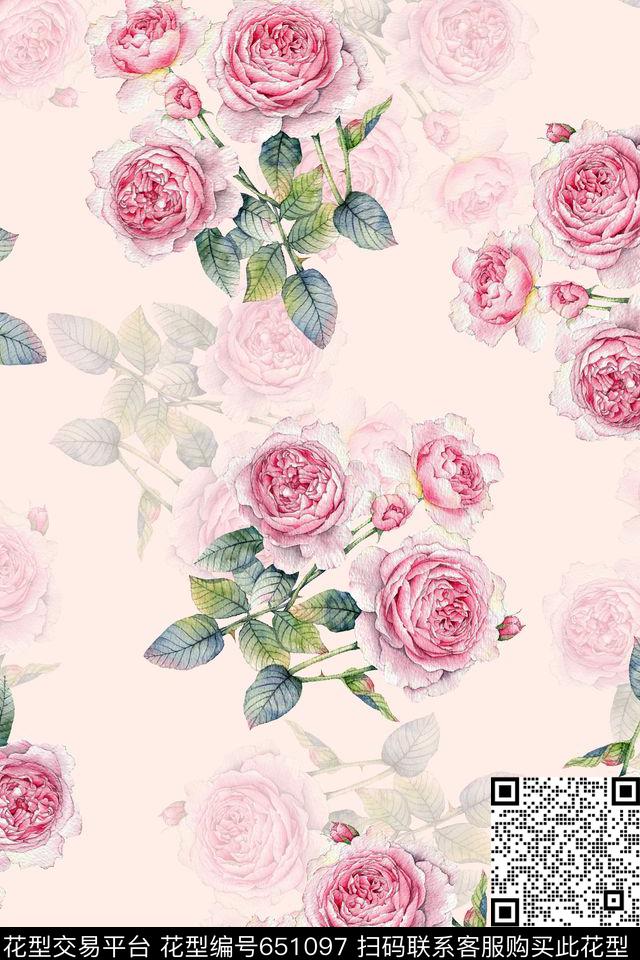 花卉水彩玫瑰数码印花华亿平台下载（图片编号: 651097） - 瓦栏（Walan）