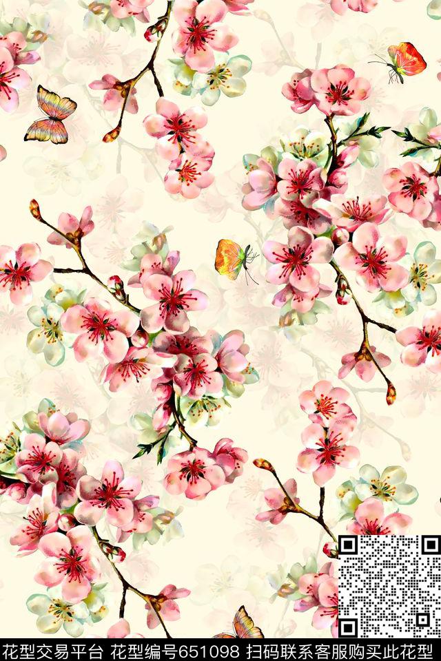 花卉桃花蝴蝶数码印花华亿平台下载（图片编号: 651098） - 瓦栏（Walan）