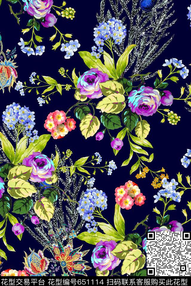 时尚手绘花卉数码印花华亿平台下载（图片编号: 651114） - 瓦栏（Walan）