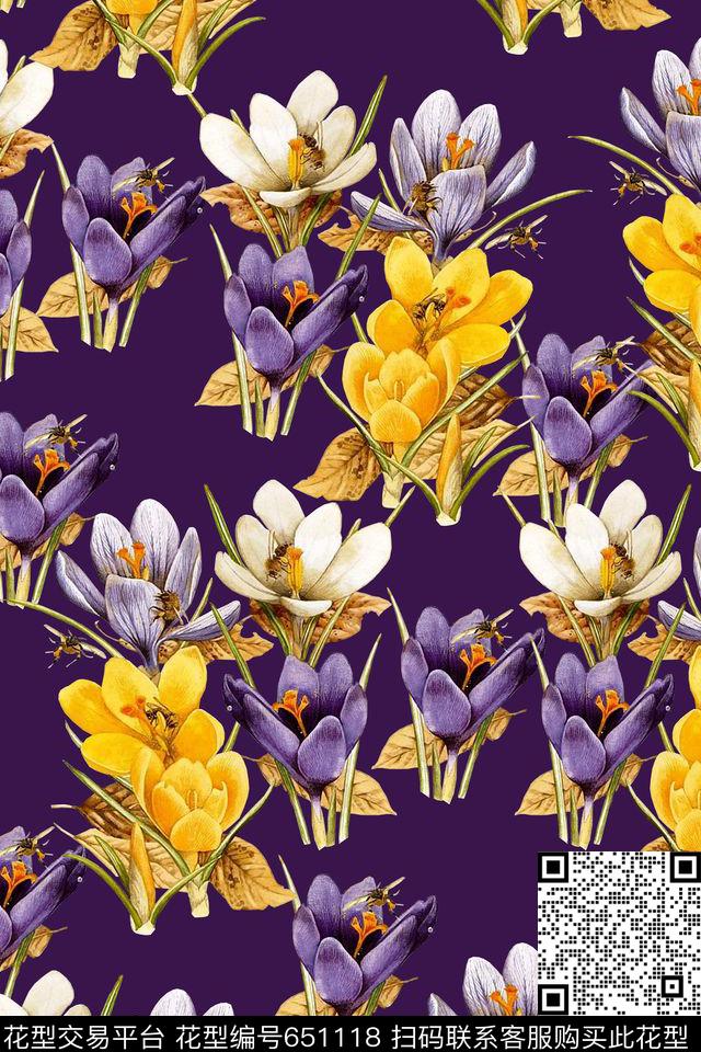 百合水仙叶子数码印花华亿平台下载（图片编号: 651118） - 瓦栏（Walan）