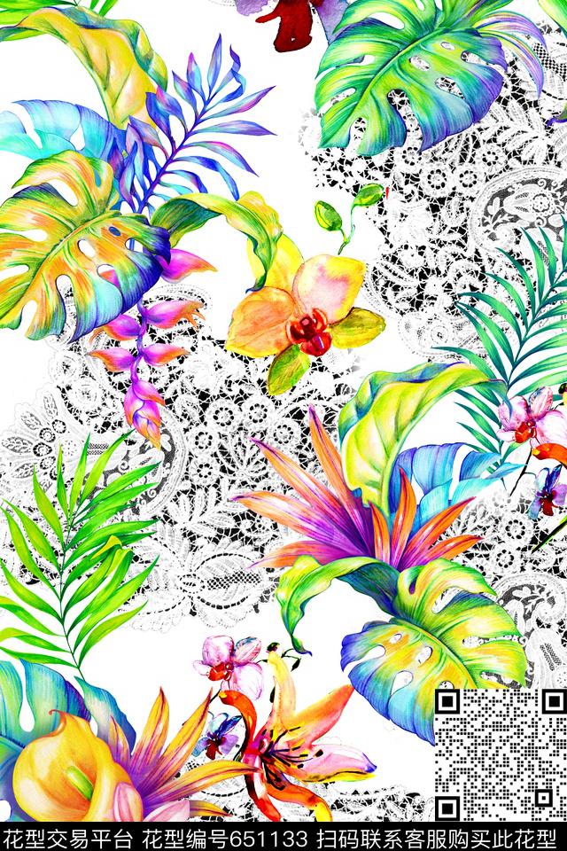 热带风棕榈树蕾丝数码印花华亿平台下载（图片编号: 651133） - 瓦栏（Walan）