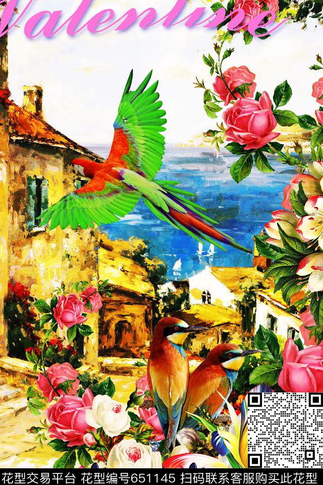 花朵宫廷风风景数码印花华亿平台下载（图片编号: 651145） - 瓦栏（Walan）