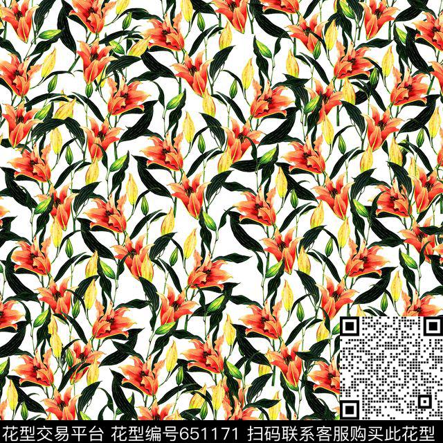 百合花朵浪漫花卉数码印花华亿平台下载（图片编号: 651171） - 瓦栏（Walan）