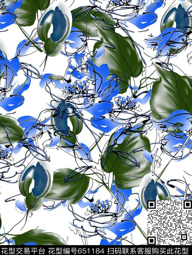 时尚、手绘、花卉数码印花华亿平台下载（图片编号: 651184） - 瓦栏（Walan）