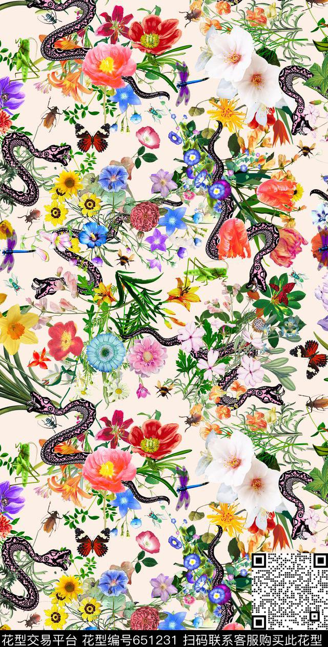 彩色花朵花卉组合昆虫蝴蝶蜜蜂蛇数码印花华亿平台下载（图片编号: 651231） - 瓦栏（Walan）