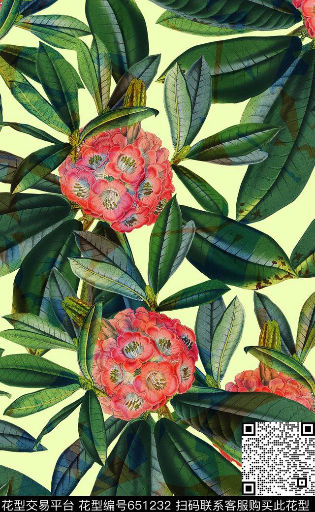 叶子复古花卉热带植物数码印花华亿平台下载（图片编号: 651232） - 瓦栏（Walan）