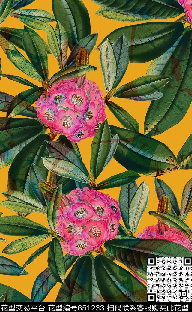 叶子复古花卉热带植物数码印花华亿平台下载（图片编号: 651233） - 瓦栏（Walan）