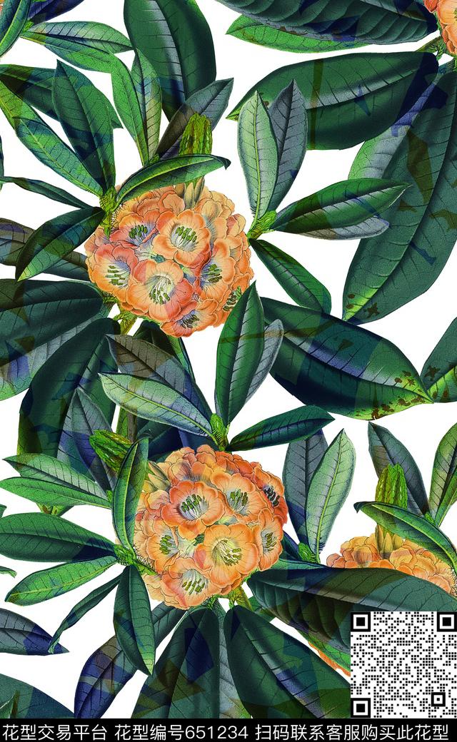 叶子复古花卉热带植物数码印花华亿平台下载（图片编号: 651234） - 瓦栏（Walan）